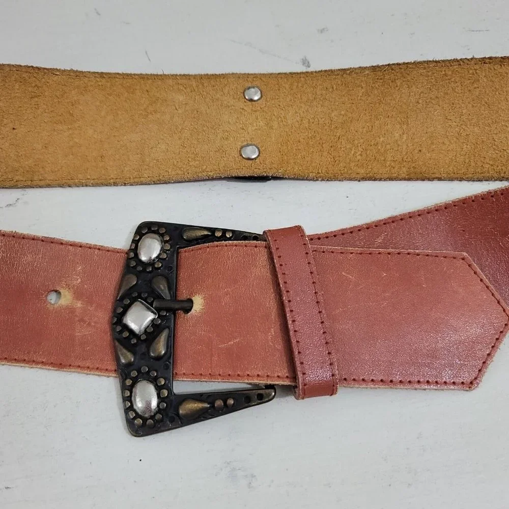 Studded Belt Womens Medium Brown Leather Sepia Tan Western Boho Embellished - Picture 5 of 10